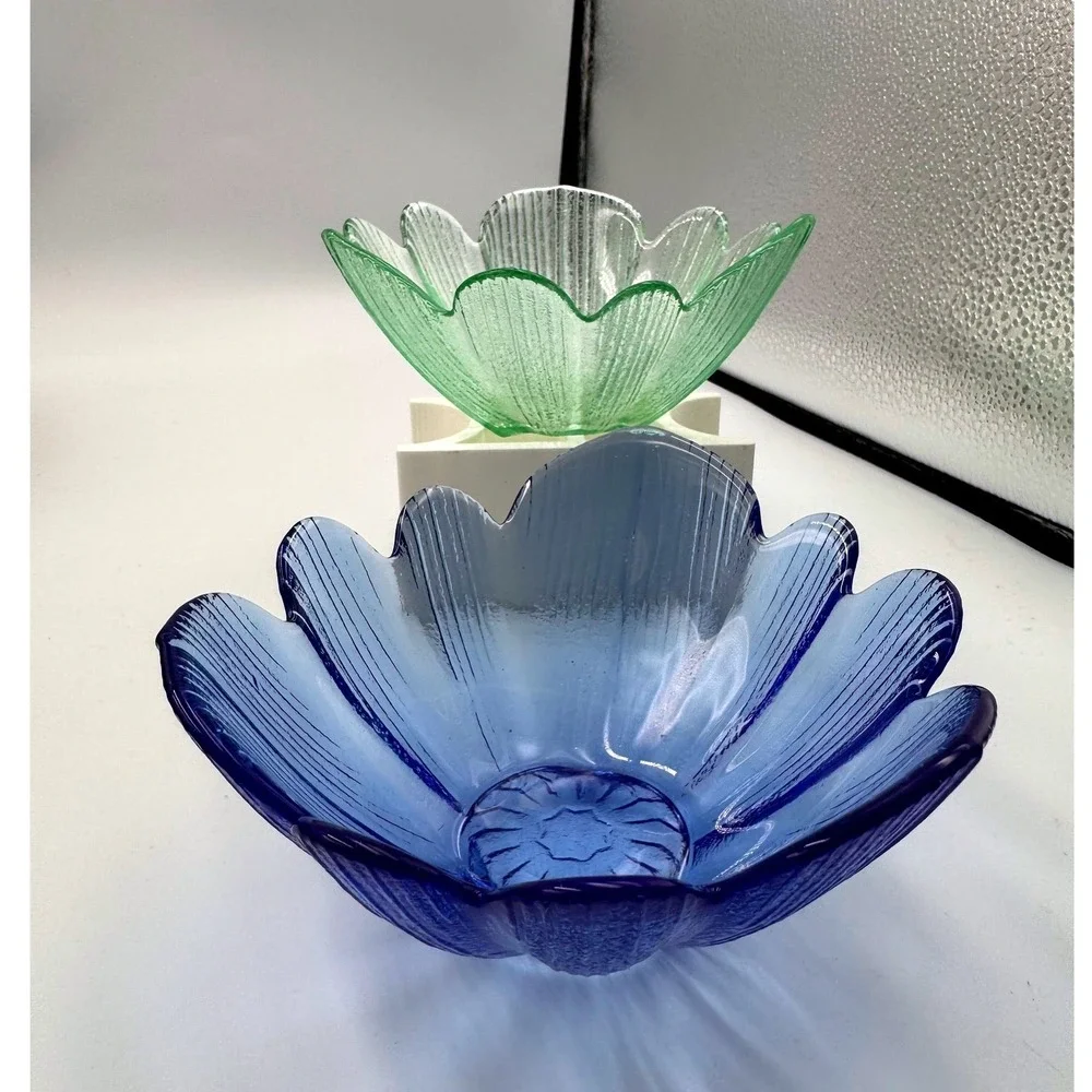 Vintage Style Textured Glass Flower Petal Bowls Set Cobalt Blue Seafoam Green